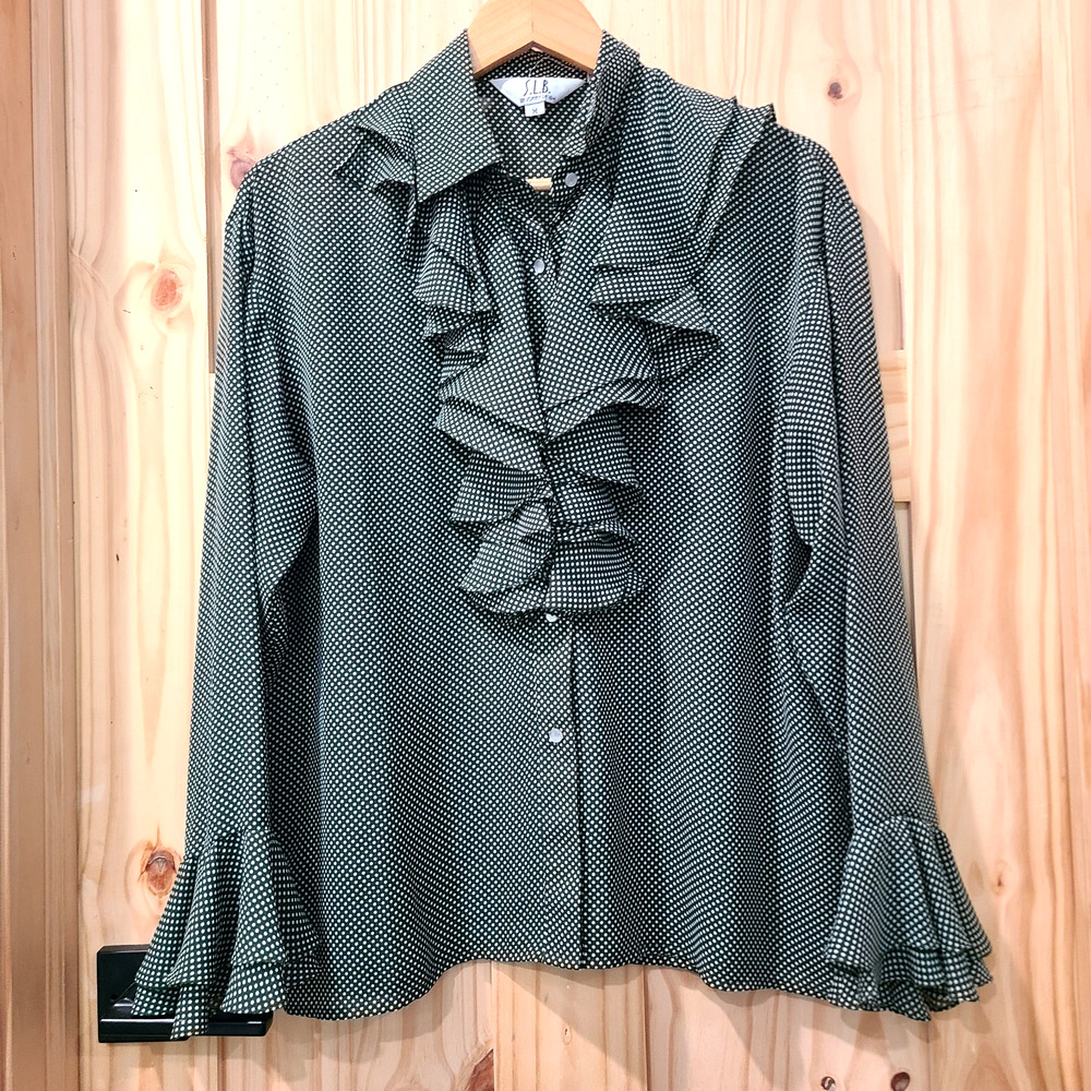 SLB Sunny Leigh Green Polka Dot Bell Sleeve Ruffle Button Up Top Coquette Size M